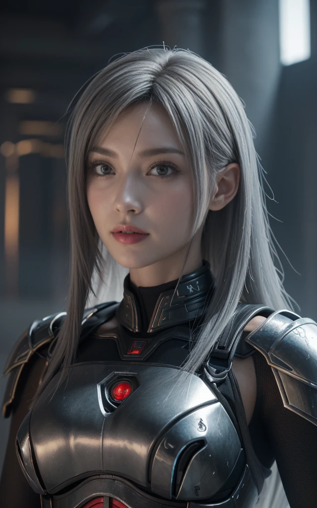 masterpiece,Game Art,Best picture quality,Maximum resolution,8K,(portrait),Unreal Engine 5 rendering works,(Digital Photography),((portrait Feature:1.5)),
20 year old girl,Short hair details,Long bangs,(The red eye makeup is carefully applied),(With long gray hair:1.4),(Large target, Full breasts),Elegance and nobility,Brave and charming,
(The future armor combines the characteristics of Chinese armor,hollow-carved design,Power Armor,Mysterious oriental runes,Exquisite clothing patterns,Magic Flash),Future Warrior,Cyberpunk Characters,War Background,
light，Ray Tracing，Game CG，((3D Unreal Engine))，OC rendering reflection mode