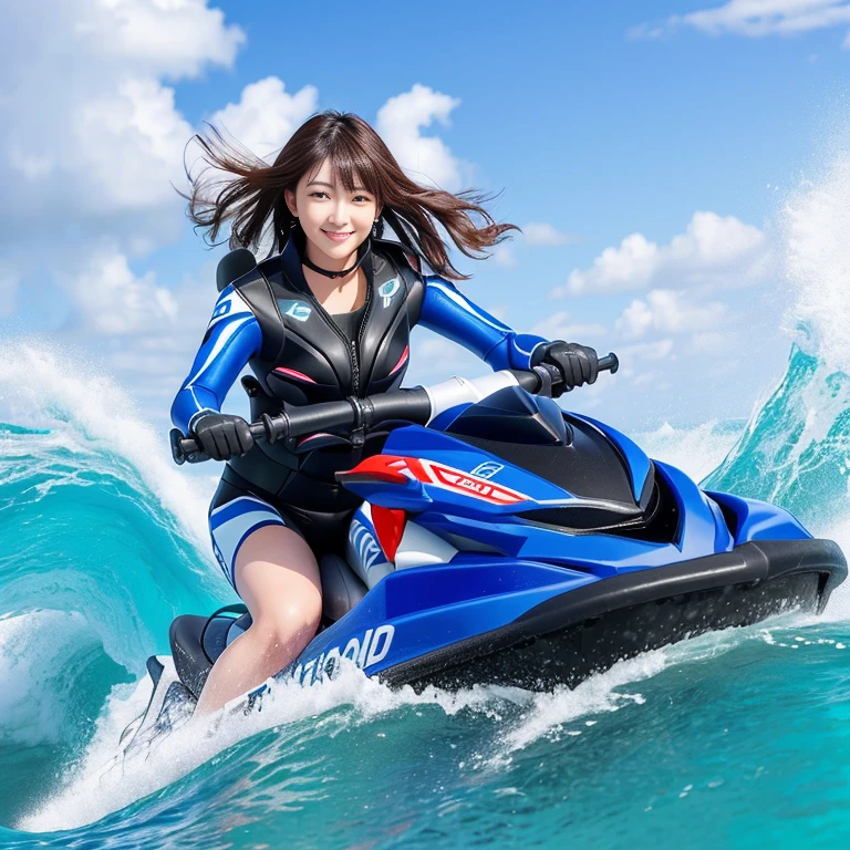 Photo-realistic quality、woman ライディング a jet ski on a wave in the ocean, Beautiful Japanese Model, Riding the wind and waves, Speed across the ocean on a jet ski,looking at the camera、Detailed and beautiful eyes、Cute smile、A soft and gentle look