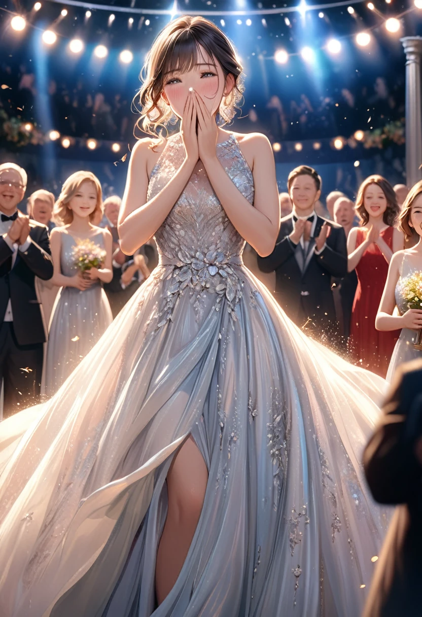 A beautiful female actress standing up, covering her mouth with both hands, looking around in awe, overwhelmed with joy and gratitude, tears of emotion, erupting applause and cheers, an atmosphere of celebration, a beautifully detailed evening dress, award ceremony setting, the moment of receiving the award, photorealistic, 8k, high quality, detailed, masterpiece, beautiful detailed face