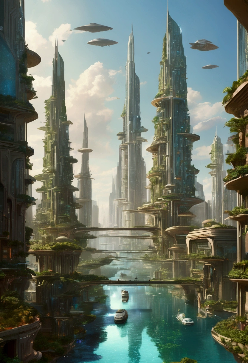 desert city, green gardens, there is a painting of a city with a river and a boat, ancient sci - fi city, in fantasy sci - fi city, atlantis city, beautiful city of the future, huge futuristic temple city, city of atlantis, city of the future, futuristic utopian city, futuristic utopian metropolis, sci fi city, sci - fi city, urban concept art