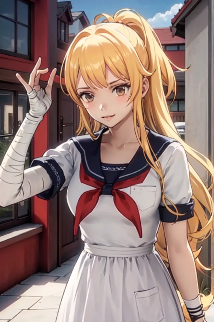 yandere_style, (1girl:1.3),, ultra detailed, masterpiece, best quality, aesthetic, detailed,, ultra detailed, masterpiece, best quality, solo, smile, 1girl, blond hair, brown eyes, bandage on face, bandage arms, long hair, styled hair