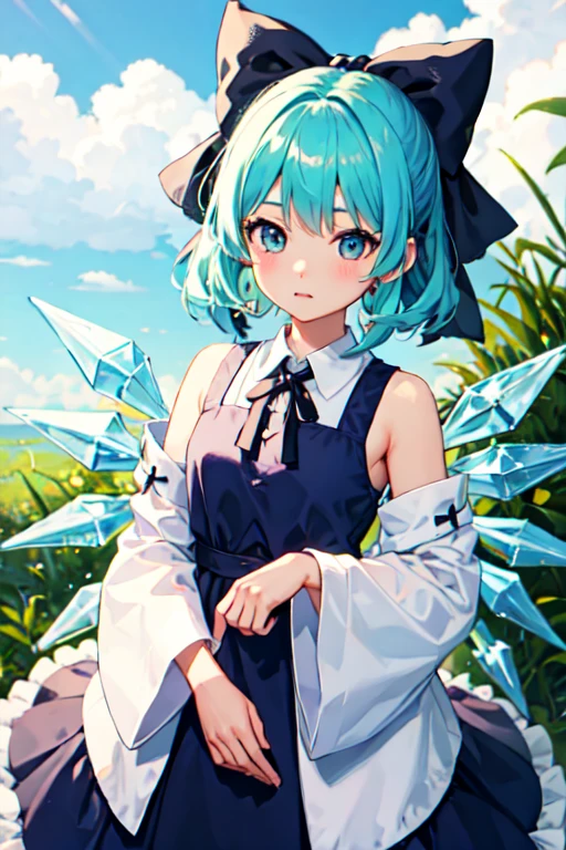 ((Highest quality)), ((masterpiece)), (detailed), One girl,Cirno、Puffing out her cheeks and looking at me、