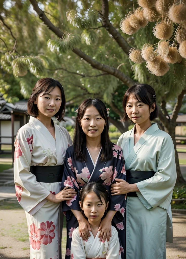 Realistic photo of a 40 year old Japanese mother with 10 year old daughter and 7 year old son in kimono under a willow tree. smile