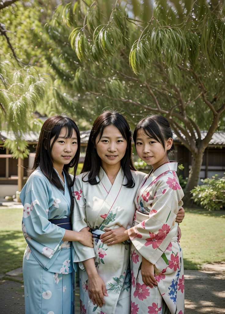 Realistic photo of a 40 year old Japanese mother with daughter and 7 year old soono under a willow tree. smile