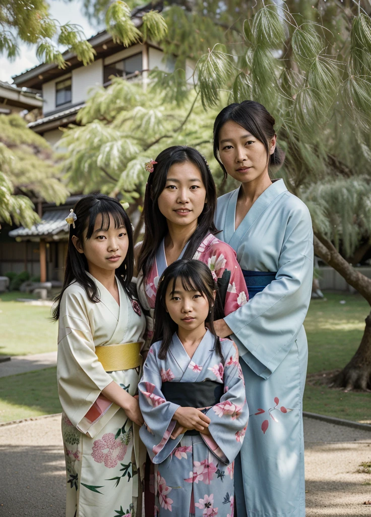 Realistic photo of a 40 year old Japanese mother with 10 year old daughter and 7 year old son in kimono under a willow tree. smile