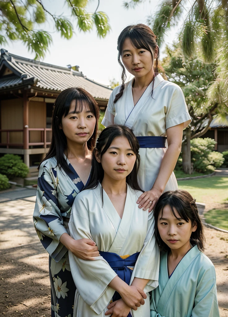 Realistic photo of a 40 year old Japanese mother with 10 year old daughter and 7 year old son in kimono under a willow tree. smile 
