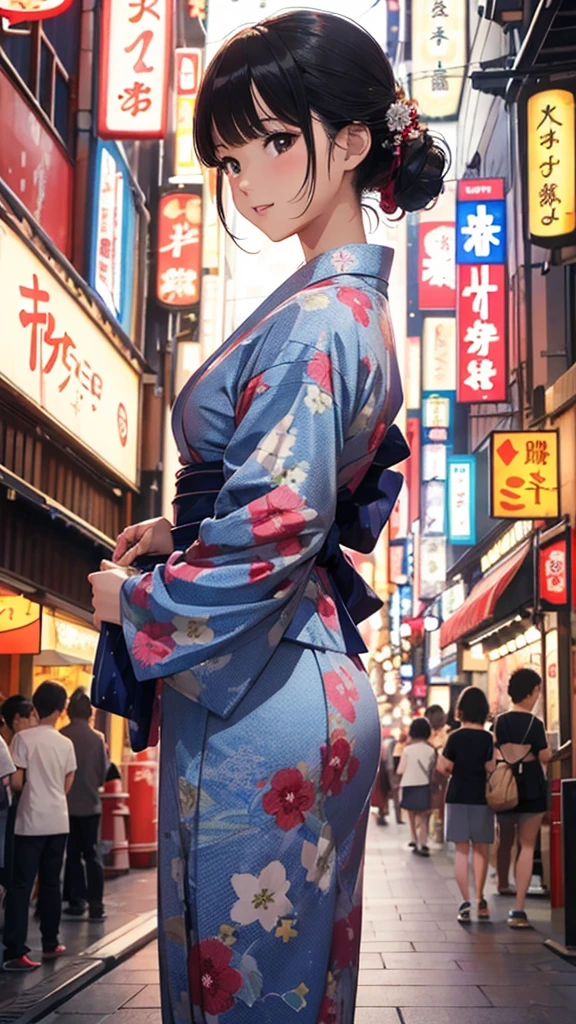 (masterpiece, Highest quality:1.1), (Popart Style),Flat Color,One Woman、Yukata,Japan,Dotonbori Shopping Street Beautiful and detailed scenery, Beautiful lighting,very happy,Dynamic pose,Portrait Photography, sharp,An illustration:Don'unreadable,
