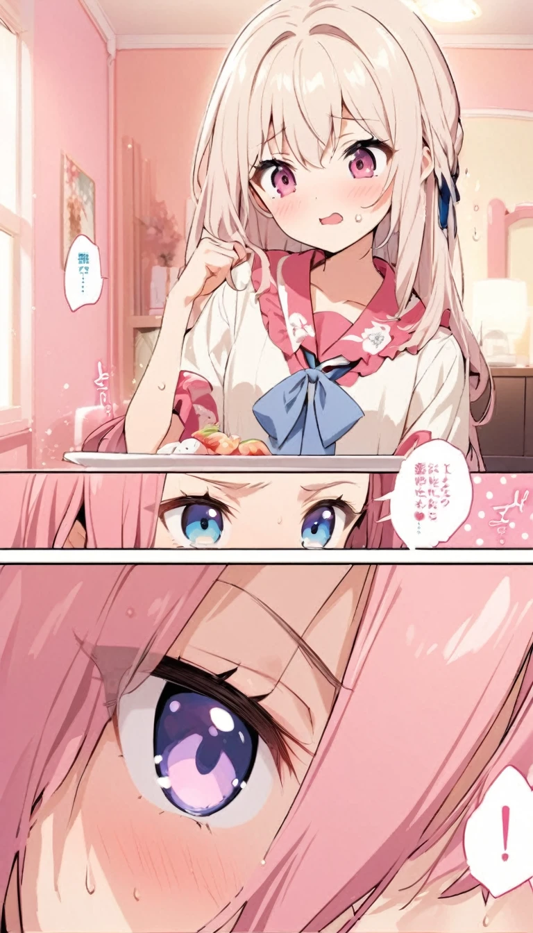 beautiful girl、16 years old、Pink Room、Pervert&#39;s Room、Girly Fashion、Pleated skirt、Knee socks、Highest quality, smile,Sit with your legs apart、big 、Thick thighs、girly panties、Girly Bra、Sweaty buttocks、Sweaty crotch、Low - Angle、Cowboy Shot、big Breasts