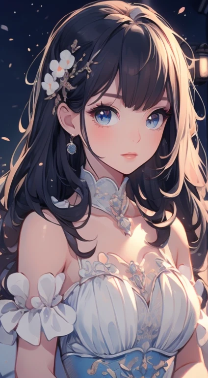 masterpiece, Highest quality, One girl, Gray Hair, smile, View your viewers, Adult, Fully mature, Holding flowers、high resolution、Ultra delicate、8k、Big eyes、Luxury Dresses