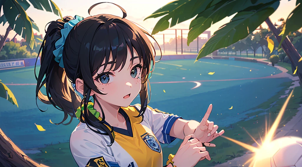 (((Highest quality))),(((masterpiece))),(((A -yeld giwith a ponytail wearing a very bright light green soccer uniform))),(((School grounds:1.1))),sunset,(((Blue and black hair:1.3))),Staring at the audience,独奏,(((black eye:1.3))),(((Bright blue scrunchie:1.3)))