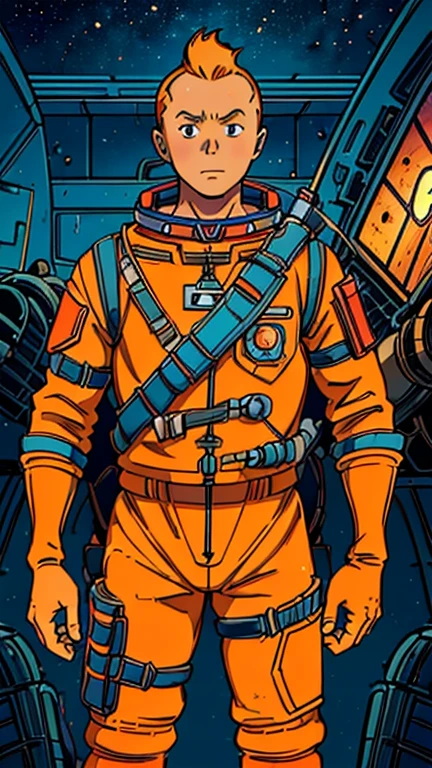 (Teens:1man: Tintin), (extremely detailed CG unit 8k wallpaper),(master part), (best quality), (ultra detali), (best illustration),(Oda Eiichirou), cowboy shot, (Sharp eyeliner, ombre, detailed eyes:1),Dark midnight derelict spaceship interiors background, ,break , (astronaut in an orange space suit), upper body, short hair, orange hair