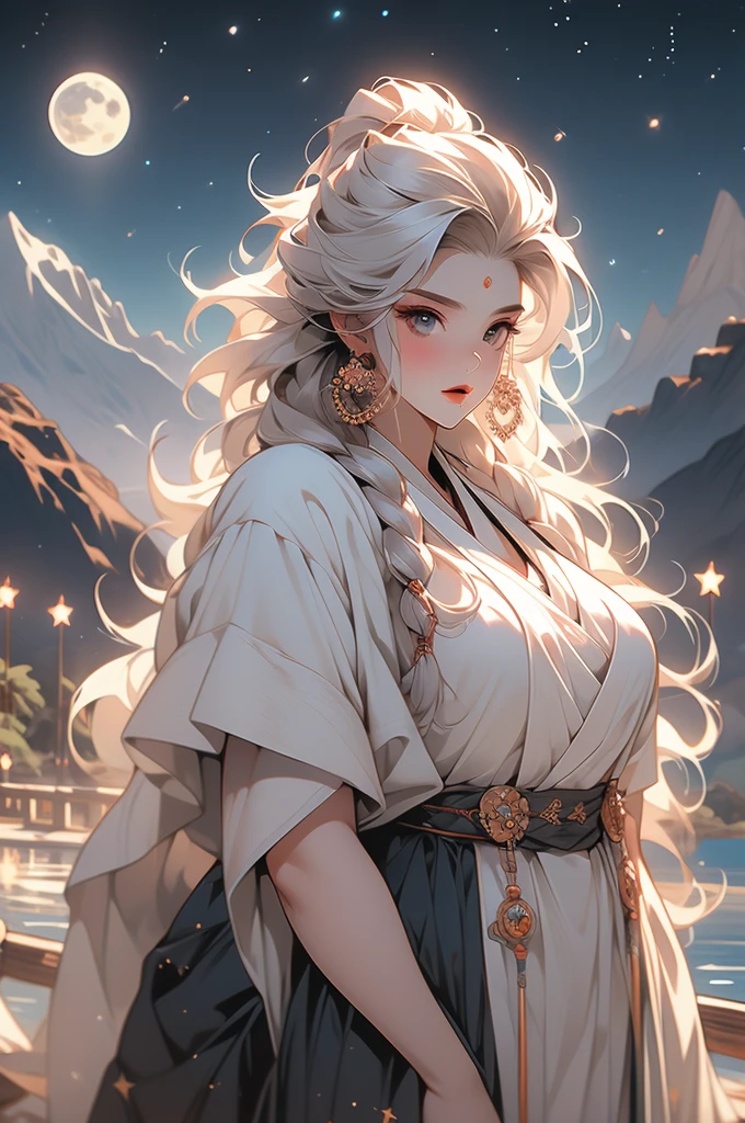 woman, tal, oni, ogre, sheer white skin, white hair, two-headed, mountains, night, stars, powerful, voluptuous