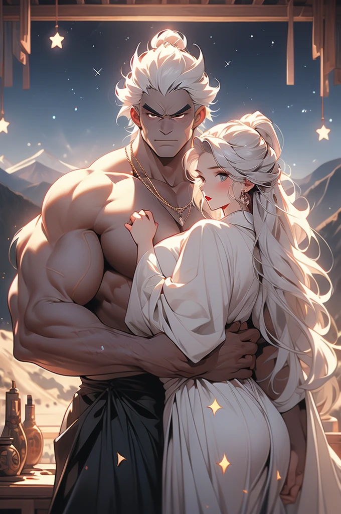 woman, tal, oni, ogre, sheer white skin, white hair, two-headed, mountains, night, stars, powerful, voluptuous