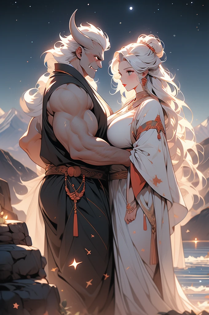 woman, tal, oni, ogre, sheer white skin, white hair, two-headed, mountains, night, stars, powerful, voluptuous