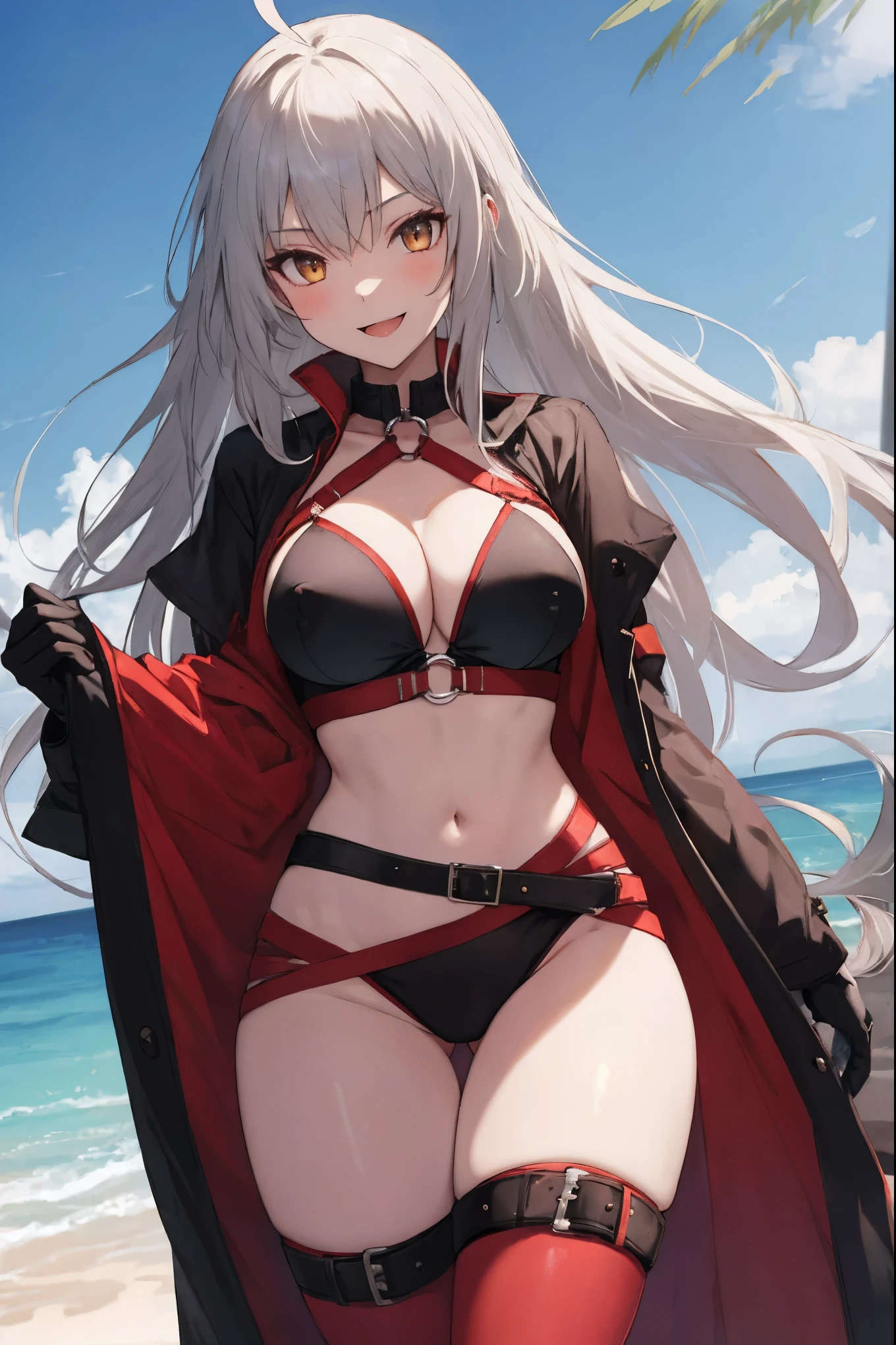 masterpiece, best quality, 1girl, , silver hair, ahoge, gold eyes, shaggy_long_hair,, gigantic_breasts, , blue sky_beach_landscape,covered_groin,covered_nipples,solo,young_,,open_legs,,crotch_armor,cowboy_shot,crotch, asymmetrical legwear, long hair, bikini, black bikini, black gloves, gloves, long sleeves, navel, o-ring, o-ring bikini, o-ring bottom, o-ring top, puffy long sleeves, puffy sleeves, red legwear, single thighhigh, swimsuit, thigh strap, thighhighs, uneven legwear,smile,nihil,open_mouth,angry,glare,dynamic_standing,