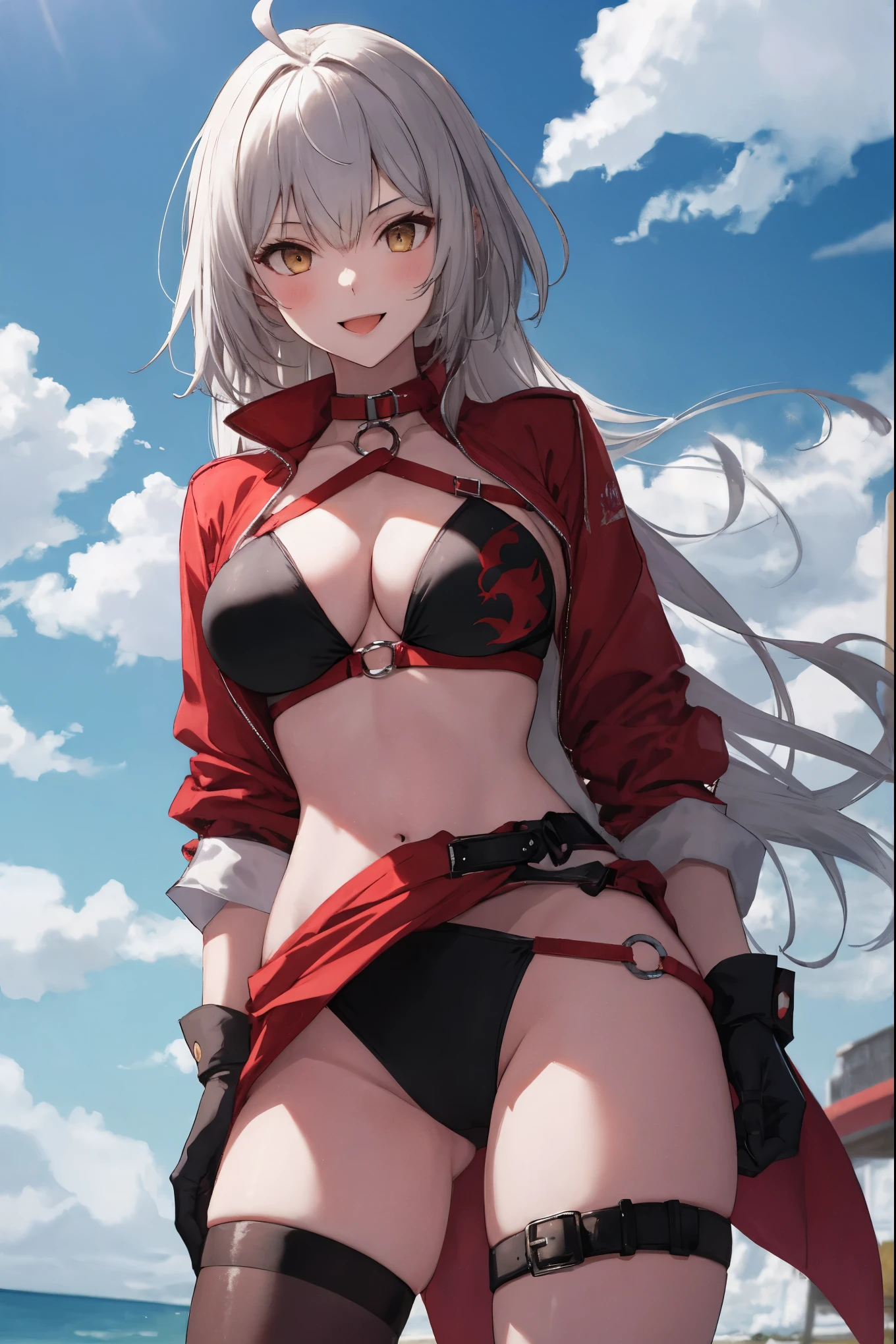masterpiece, best quality, 1girl, , silver hair, ahoge, gold eyes, shaggy_long_hair,, gigantic_breasts, , blue sky_beach_landscape,covered_groin,covered_nipples,solo,young_,,open_legs,,crotch_armor,cowboy_shot,crotch, asymmetrical legwear, long hair, bikini, black bikini, black gloves, gloves, long sleeves, navel, o-ring, o-ring bikini, o-ring bottom, o-ring top, puffy long sleeves, puffy sleeves, red legwear, single thighhigh, swimsuit, thigh strap, thighhighs, uneven legwear,smile,nihil,open_mouth,angry,glare,dynamic_standing,