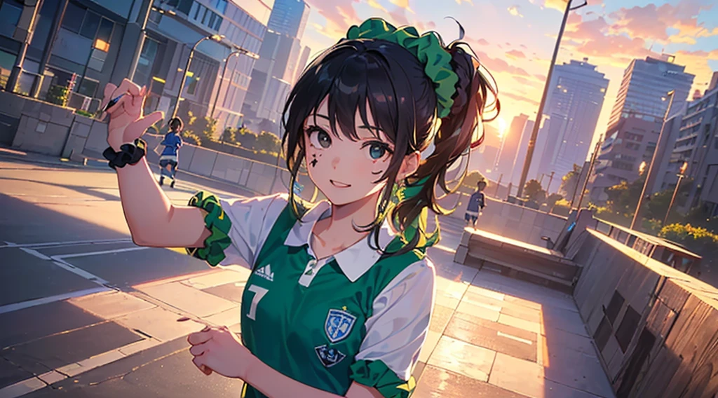 (((Highest quality))),(((masterpiece))),(((A 17-year-old girl with a ponytail wearing a very bright light green soccer uniform))),(((School grounds:1.1))),sunset,(((Blue and black hair:1.3))),Look at your audience with a smile,独奏,(((black eye:1.3))),(((Bright blue scrunchie:1.3)))