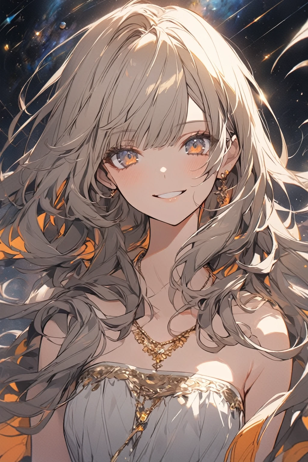 1 girl, gray-orange eyes, light yellow hair with orange strands, long hair with straight bangs, dressed in a light orange strapless dress, neckline, medium chest, looks at the viewer, sly look, sly smile, upper body, gold necklace around her neck, against the background of the cosmic sky, the sun is nearby, beautiful, detailed, delicate tones