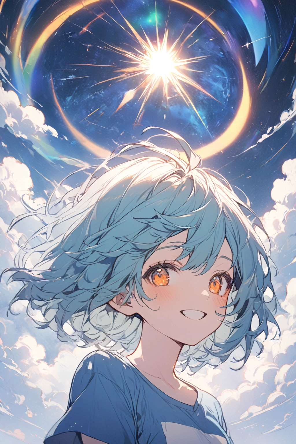 1 girl, orange eyes, blue hair with green spots, clouds above her hair small, short hair with disheveled bangs, dressed in a blue T-shirt with white clouds, looking at the viewer, happy, upper body, patch on cheek, against the background of the cosmic sky, next to the sun, beautiful, detailed, delicate tones