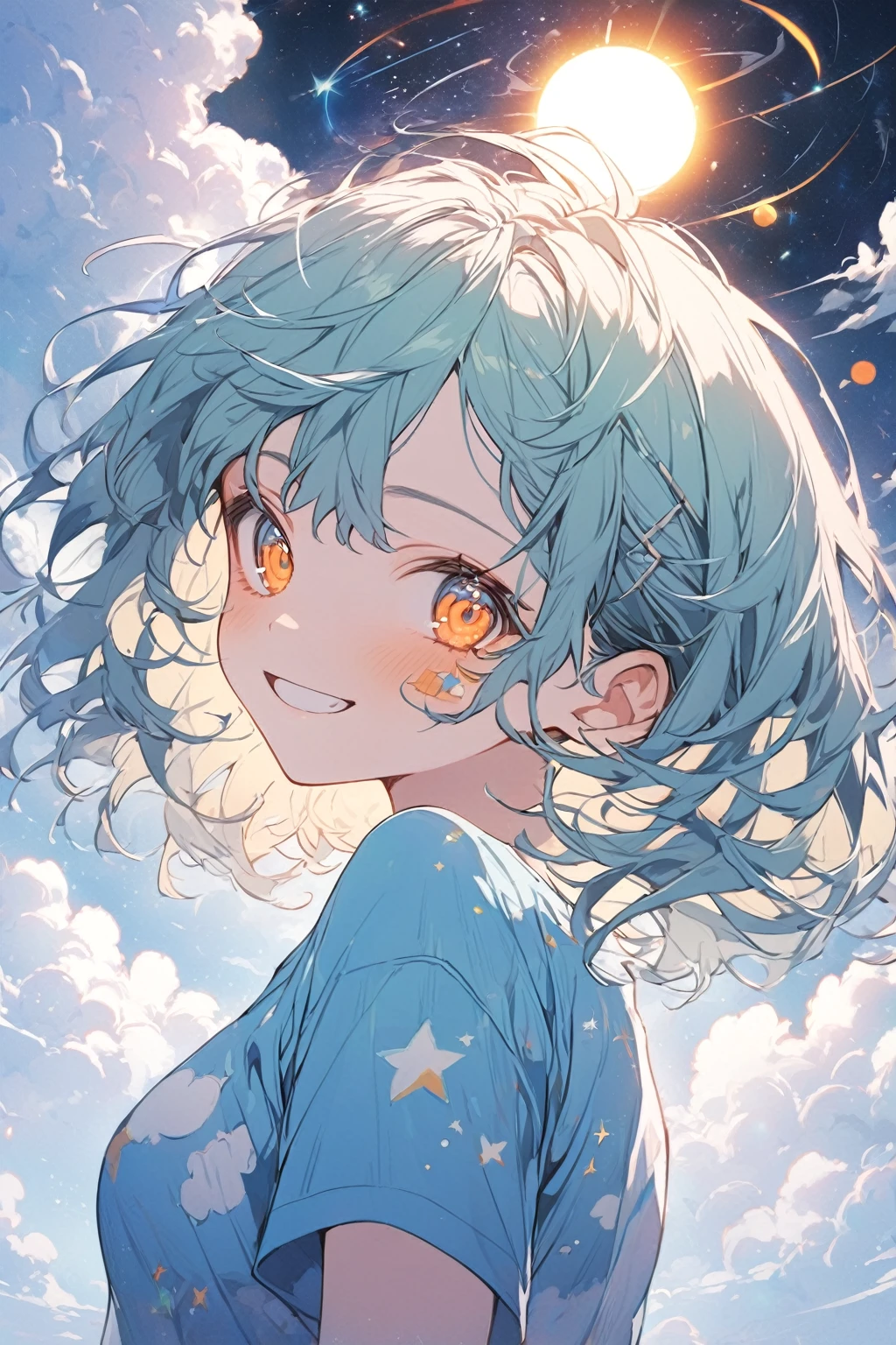 1 girl, orange eyes, blue hair with green spots, clouds above her hair small, short hair with disheveled bangs, dressed in a blue T-shirt with white clouds, looking at the viewer, happy, upper body, patch on cheek, against the background of the cosmic sky, next to the sun, beautiful, detailed, delicate tones