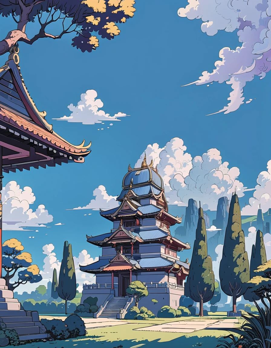 ((anime:1.4,illustration)),(masterpiece, top quality, best quality),(ultra-detailed, absolutely resolution),((16k, high res)). BREAK {lofi art, style of Laurie Greasley, style of Makoto Shinkai, anime aesthetic}, BREAK {big garden, in middle a indian style temple, tree on its left and right, blue cloudy sky}