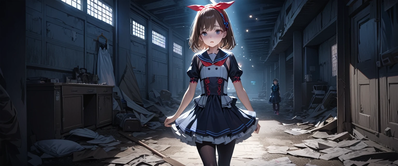 (Highest quality,4K,High resolution),Very detailed,Realistic, Japanese , Looks scared, Long brown hair,Mysterious, Ecomodernism, Bokeh, Ribbon Headband,Small breasts,futuristic sailor ta dress,Puff sleeves,White and blue,Colorful lighting, Red ribbon, Dark blue pantyhose,sports boots, Have a flashlight, Walking alone through a haunted abandoned house, At night, Low light, darkness, Very detailed, 4K.