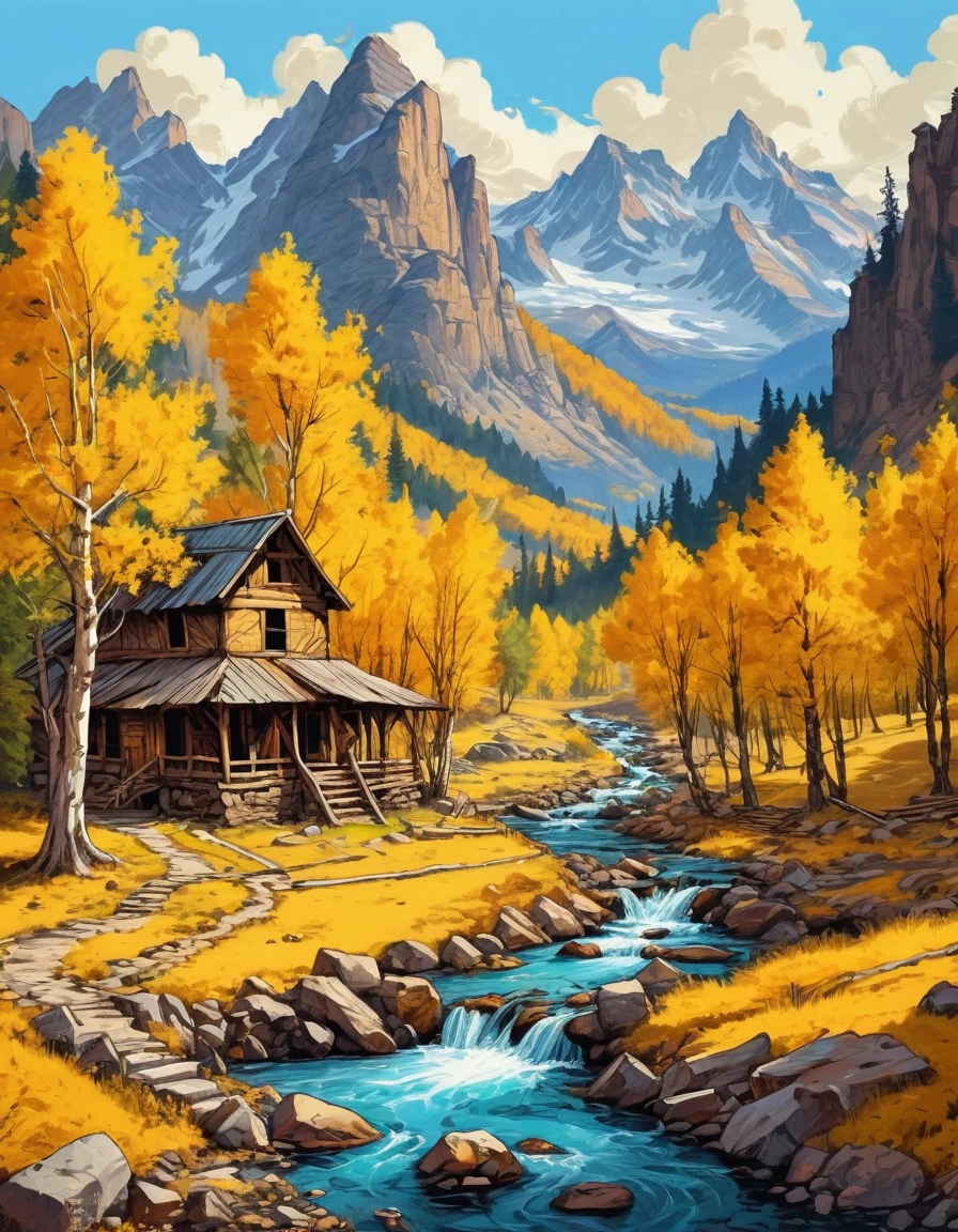 masterpiece, western novel style, sharp, no humans, perfect landscape, mountains, yellow trees, stream, ruins, vibrant, colorful, hand drawn art