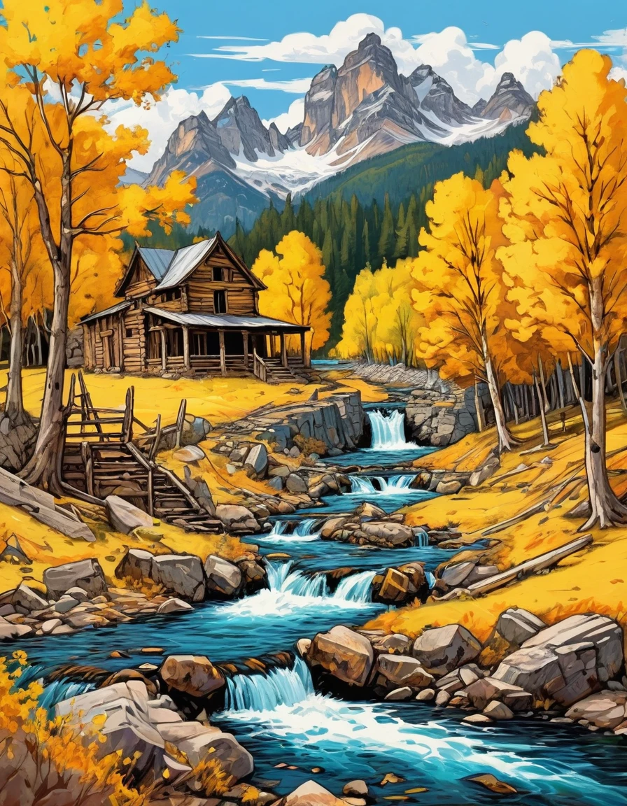 masterpiece, western novel style, sharp, no humans, perfect landscape, mountains, yellow trees, stream, ruins, vibrant, colorful, hand drawn art
