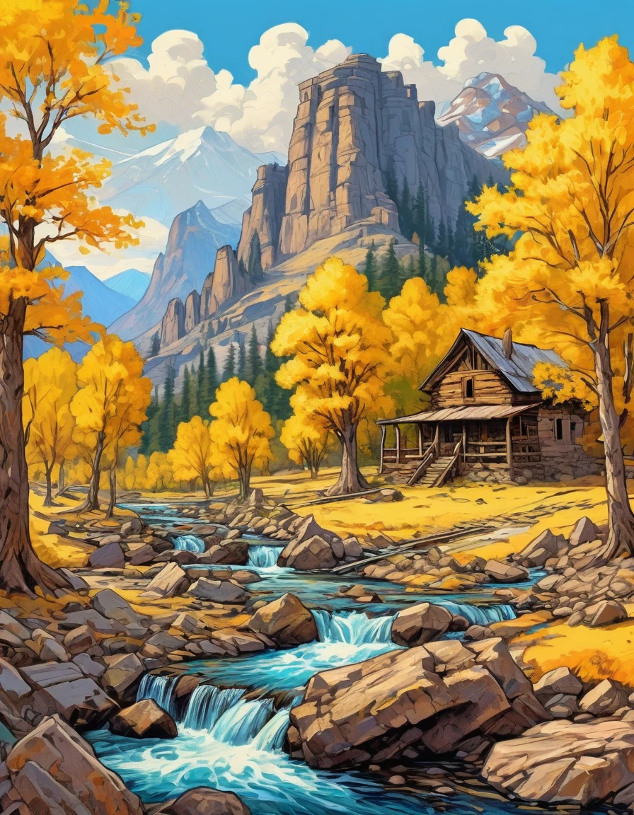 masterpiece, western novel style, sharp, no humans, perfect landscape, mountains, yellow trees, stream, ruins, vibrant, colorful, hand drawn art