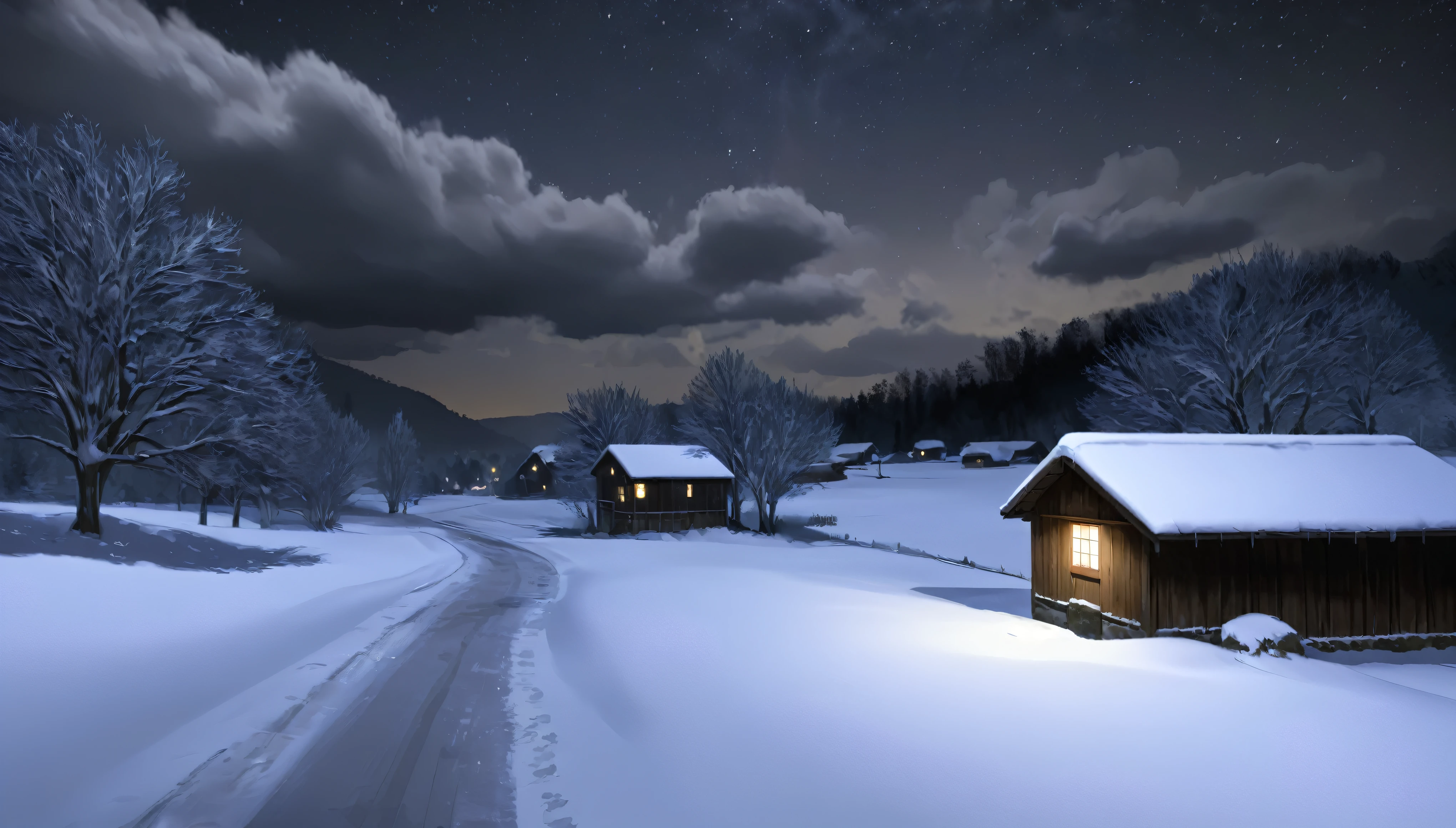 night,Japanese countryside,cloudy,Snow Scene,Highest quality, 8k, High resolution, masterpiece:1.2, Very detailed, Realistic:1.37, High resolution, 超High resolution, Very detailed, Professional, Vibrant colors