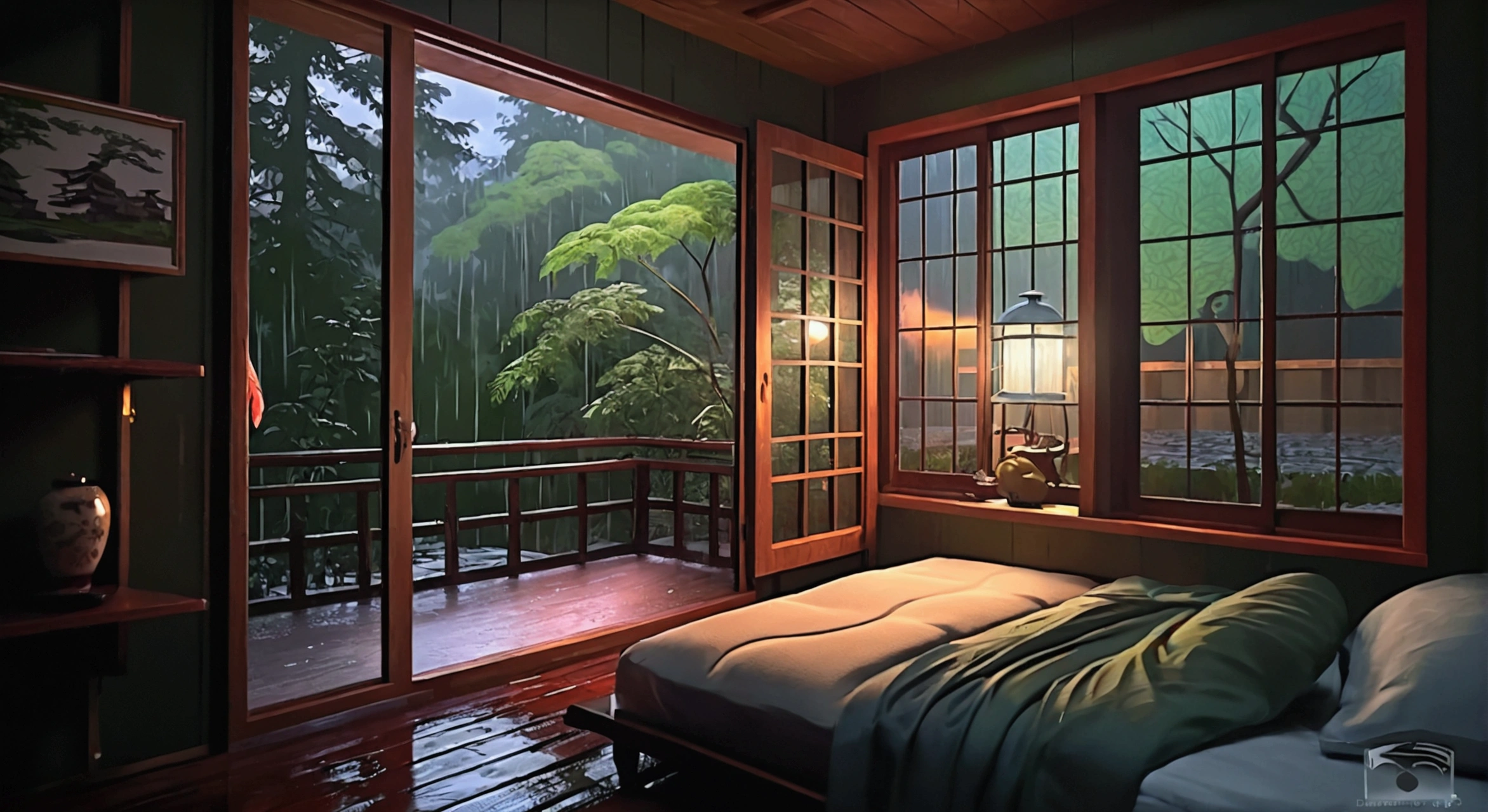 a bed sitting inside of a bedroom next to a window, a digital painting, inspired by Shūbun Tenshō, Artstation Contest Winner, ukiyo-e, at evening during rain, photo realistic image, anime nature