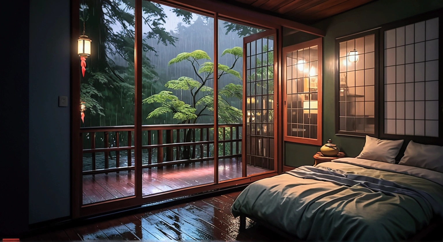 a bed sitting inside of a bedroom next to a window, a digital painting, inspired by Shūbun Tenshō, Artstation Contest Winner, ukiyo-e, at evening during rain, photo realistic image, anime nature