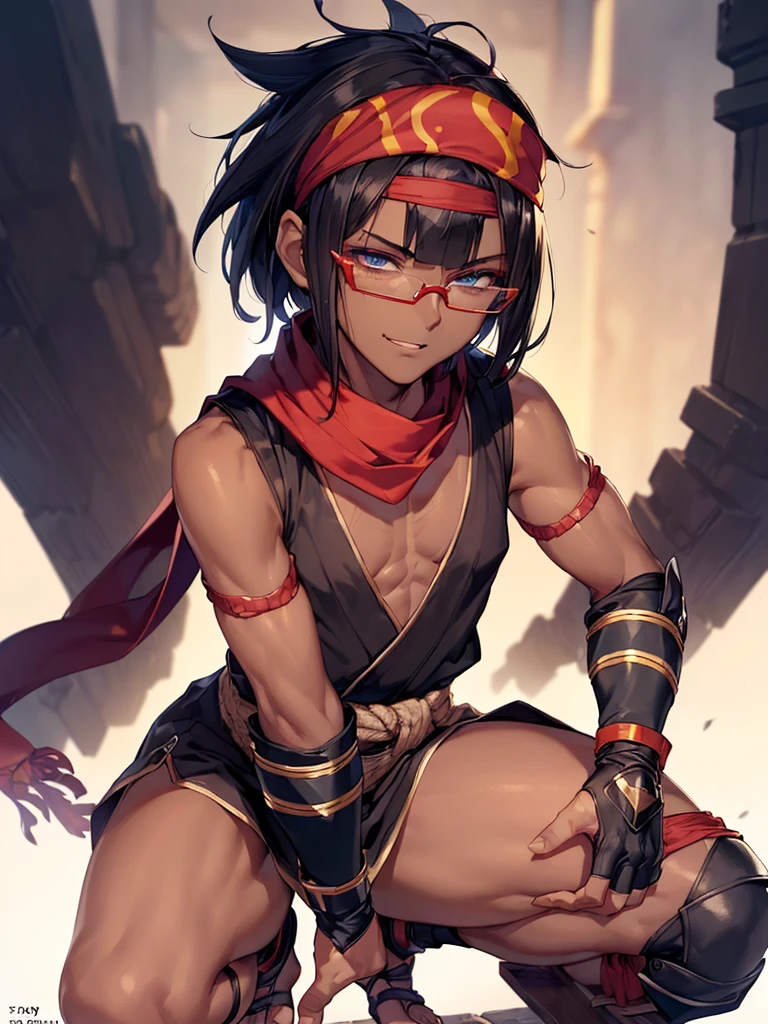 (flat chest), (masterpiece:1.2), highest quality, High resolution, unity 8k wallpaper, (flat chest), (masterpiece:1.2), highest quality, High resolution, unity 8k wallpaper, (fine and beautiful eyes:1.6), highly detailed face, perfect lighting, Detailed CG, (perfect hands, perfect ???????:1.3), (1 male:1.4), (20 years old male:1.4),( black hair:1.3), extremely beautiful detailfeminine face and eyes, (evil smile:1.2), detailed eyes, best quality,( dark skin:1.8), extremely detailed, very precise detailed,(glasses:1.3), (blunt bangs:1.3), open mouth, (very short hair:1.4), (geta:1.2),(fingerless gloves:1.5), (half closed eyes:1.5),long sidelocks,,(sleeveless yukata),(long red Sheer scarf:1.3),(one on knee:1.5),(foreheadband:1.4),(hachimaki:1.4)
