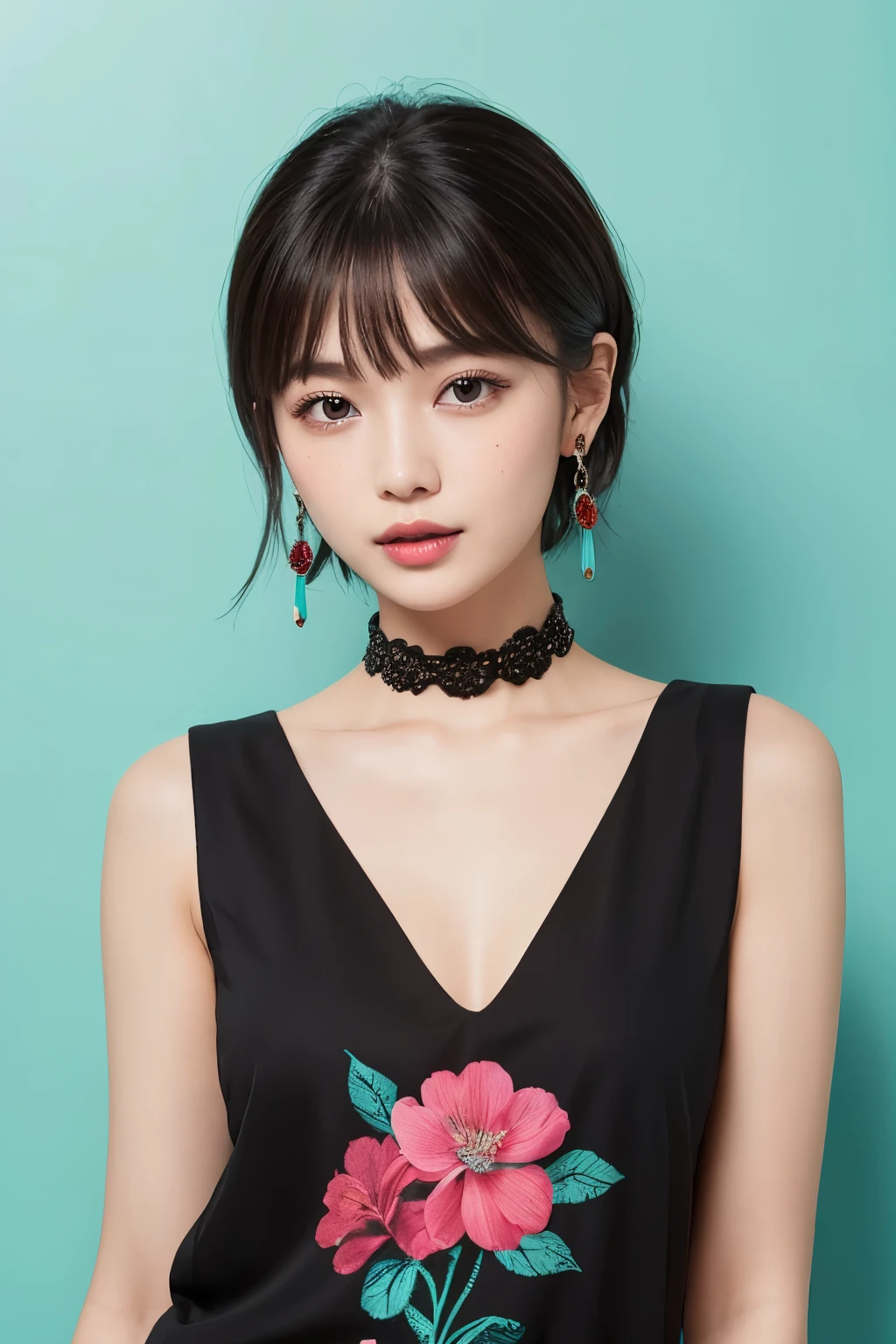 Portrait of a young woman with short black bob hair。Her straight cut bangs lightly fall over her eyebrows.、Her long eyelashes are impressive, and her deep eyes are very attractive.。Her lips are plump and naturally pink.、Neutral makeup brings out her delicate features。Her skin is brighter、I have some natural freckles。
She is a vibrant turquoise、red、yellow、She is wearing a sleeveless deep V-neck blouse made of black floral fabric.。The neckline is embellished with magenta flowers for a bold accent.。Around her neck she wears a choker with a circular pendant.、She accessorizes with small hoop earrings.。
Background is blue、Teal、Richly decorated with floral patterns in harmonious shades of red.、It matches her outfit。This setting is、Fine details and a warm, inviting color palette exude vintage elegance.。