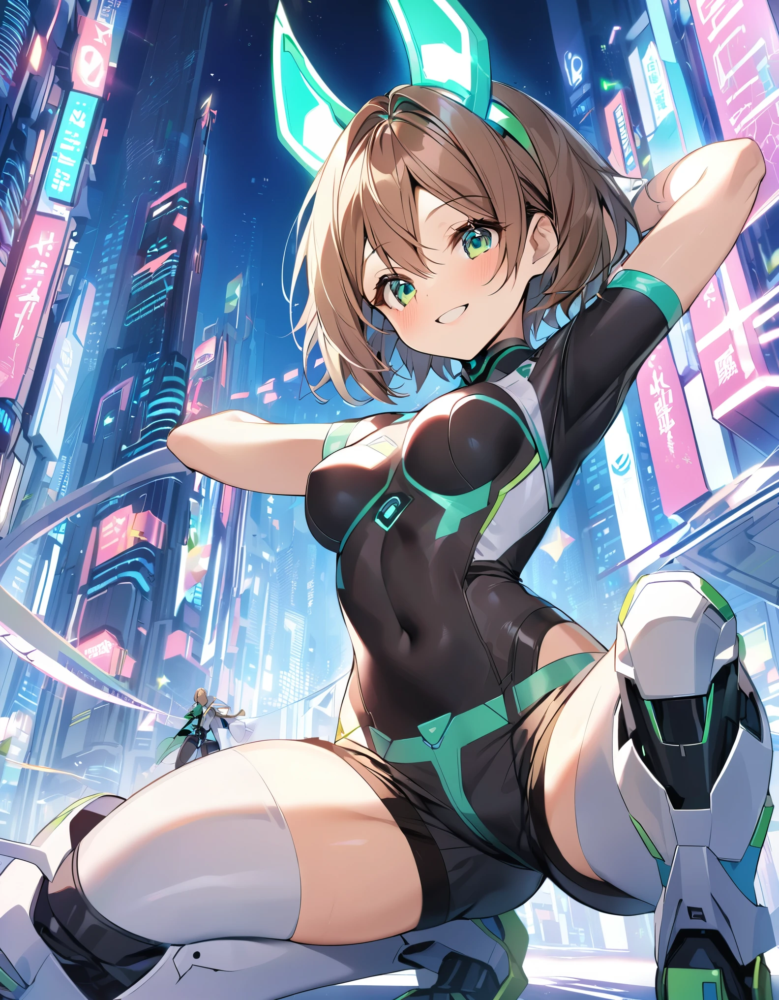 aile_megamanzx, kneeling with one hand on the ground and the other arm raised, 1girl, solo, short hair, brown hair, short sleeves, (bodysuit), robot ears, green eyes, (very_short_shorts:1.3), short sleeves, short over long sleeves, smile, in futuristic city, , high quality, medium_breasts,crotch, slouch,groin,dynamic_angle