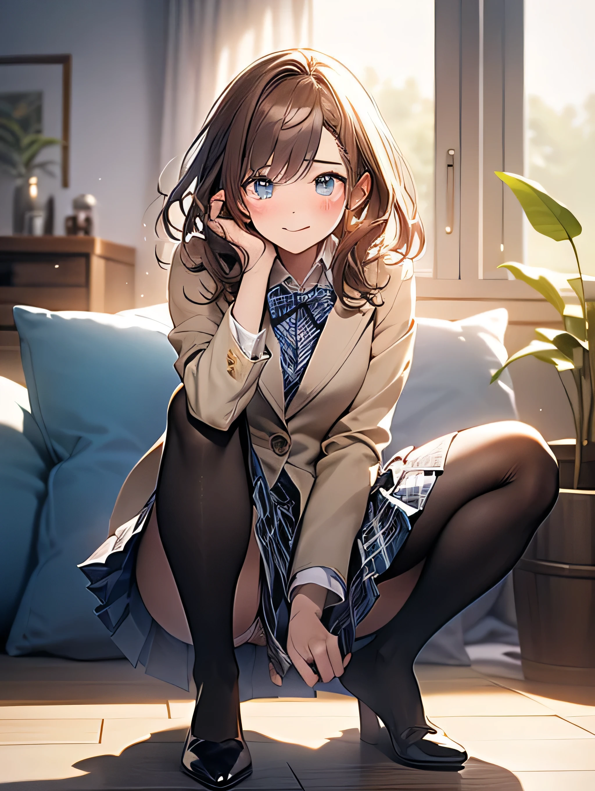 ((masterpiece, highest quality, High resolution, 超High resolution, pixel perfect, Depth of written boundary, 4K, RTX, human development report))), 1 girl, single, alone, beauty、see the whole body、 ((long hair, short riuhai, reddish brown hair)), ((Blue eyes, beautiful eyelashes, realistic eyes)), ((detailed face, blush:1.2)), ((smooth texture:0.75, lively texture:0.65, lively:1.1, Anime CG style)), medium breasts, perfect body, smile, attractive way to sit, (The wind blows my hair,bare shoulders、expose her breasts、black tights) , (((show panties:1.3)))、((((M-shaped spread legs:1.4)))), 18 year old tall girl, alone, (whole body from head to toe), (small breasts), Unkempt brown hair, bangs, ((black tights)),( (black pantyhose)),(white luxury lingerie), (sit with legs spread), (squatting pose), (Composition showing white panties), (her legs spread、I can see white pants.), (I was made to sit on the floor with my legs apart..), ((((M-shaped spread legs)))), thin legs, A very beautiful and tall 18 year old girl, (not wearing shoes), blush, shy big eyes, looking at camera, (((Blazer Uniform, plaid pleated skirt)))、Please sit across from me、((Vulgarity)),skirt tug
