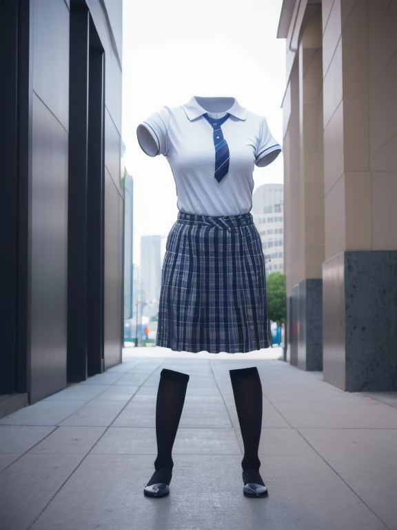 You can even see the feet, (Arch your back, Hands on hips), Be patient with peeing, Striped tie, Checked skirt, (From below), Polo shirt, (can not see, No humans, Headless, Faceless:1.5), Cute big tits, (8k, RAW Photos, Highest quality, masterpiece:1.2), (Realistic, photo-Realistic:1.37), Photon Mapping, Radio City, ((Hasselblad Photography)), Physically Based Rendering, whole body, socks
