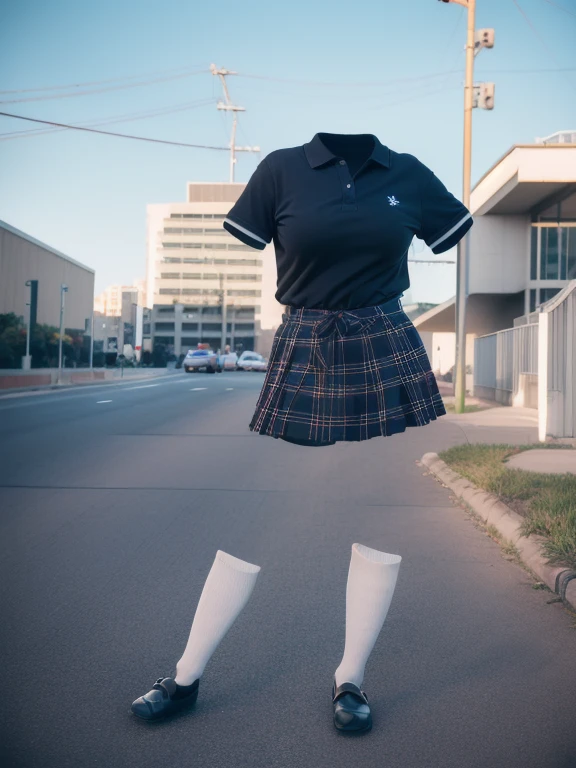 You can even see the feet, (Arch your back, Hands on hips), Be patient with peeing, Striped tie, Checked skirt, (From below), Polo shirt, (can not see, No humans, Headless, Faceless:1.5), Cute big tits, (8k, RAW Photos, Highest quality, masterpiece:1.2), (Realistic, photo-Realistic:1.37), Photon Mapping, Radio City, ((Hasselblad Photography)), Physically Based Rendering, whole body, socks