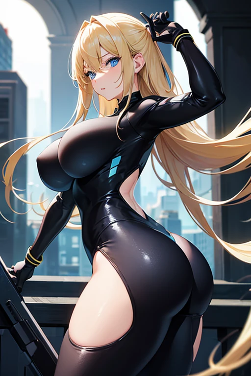 high resolution,Long blonde,blue eyes,Big breasts and butt,Black tight suit,Beauty
