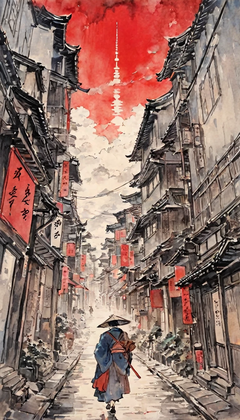 Katsushika Hokusai、vague、Mont、遠くに見えるSkyscraper、Ink and watercolor、Light tones、calligraphy、Ink Painting Ink Painting Drawn with a brush cyber punk Skyscraper cloud Streetscape Characters written with a brush Red stamp in the corner