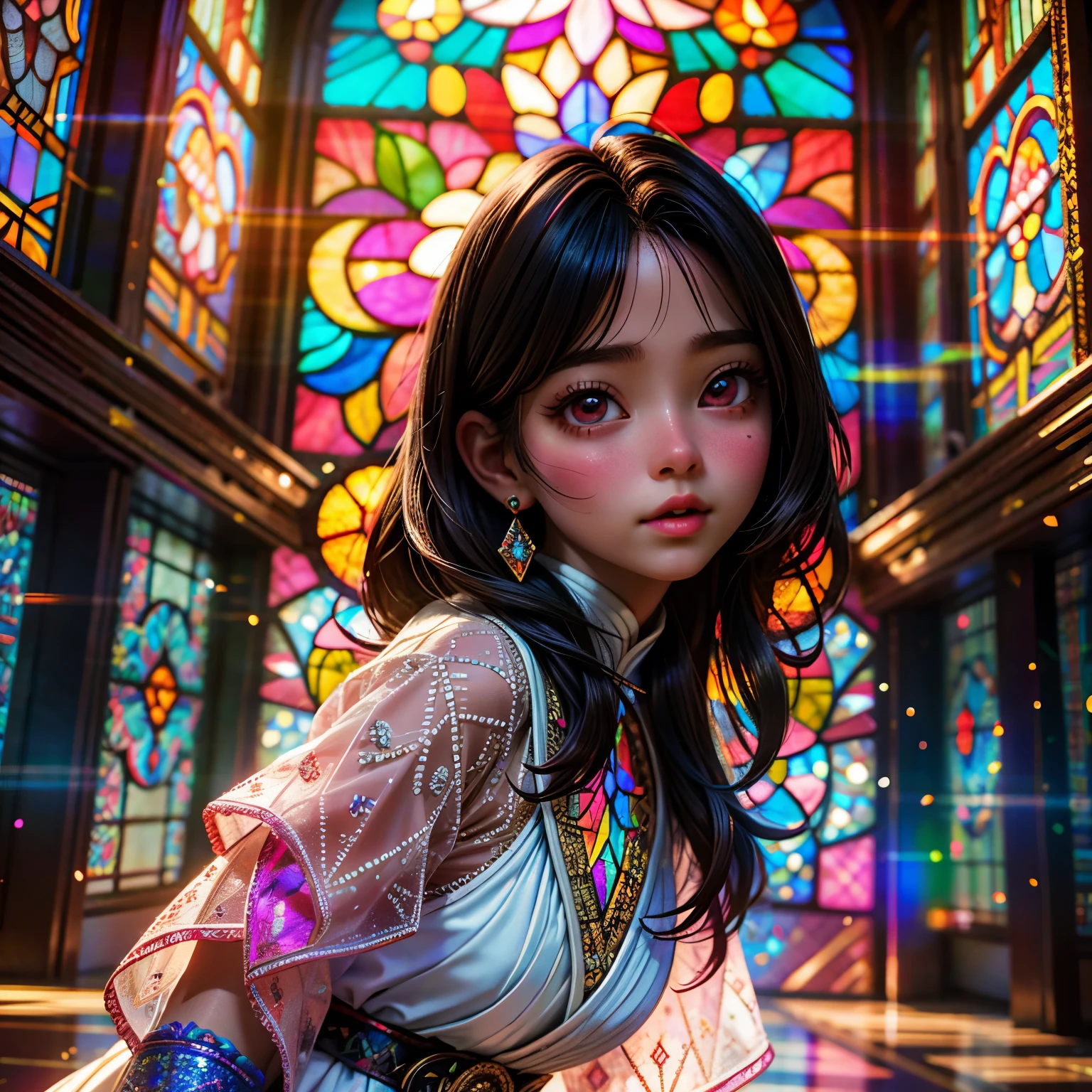 SFW, concept art, Tiny junior idol, (Detailed Delicate lace knitted white clothes), (:-0.9), face closeup, (Elaborate stained glass Background:1.37), (((Renbutsu Misako), colorful Light shines through delicate stained glass:1.2, vivid red colors, Luminous Particles, light Particles))(Acutance:0.8). (ProfessionalPhoto:1.2),(ultra-detailed:1.37), (Extremely detailed KAWAII face variations, innocent expression variations), rosy cheeks, intricate detailed eyes with sparkling highlights, long eyelashes with volume, subtle blush on the face. Mystic sight, haze, Impeccable Radiant PearlSkin with Transparency, captivating gaze, ((Dynamic-angle)), whole Body proportions and all limbs are anatomically accurate . (Exposed:0.44)