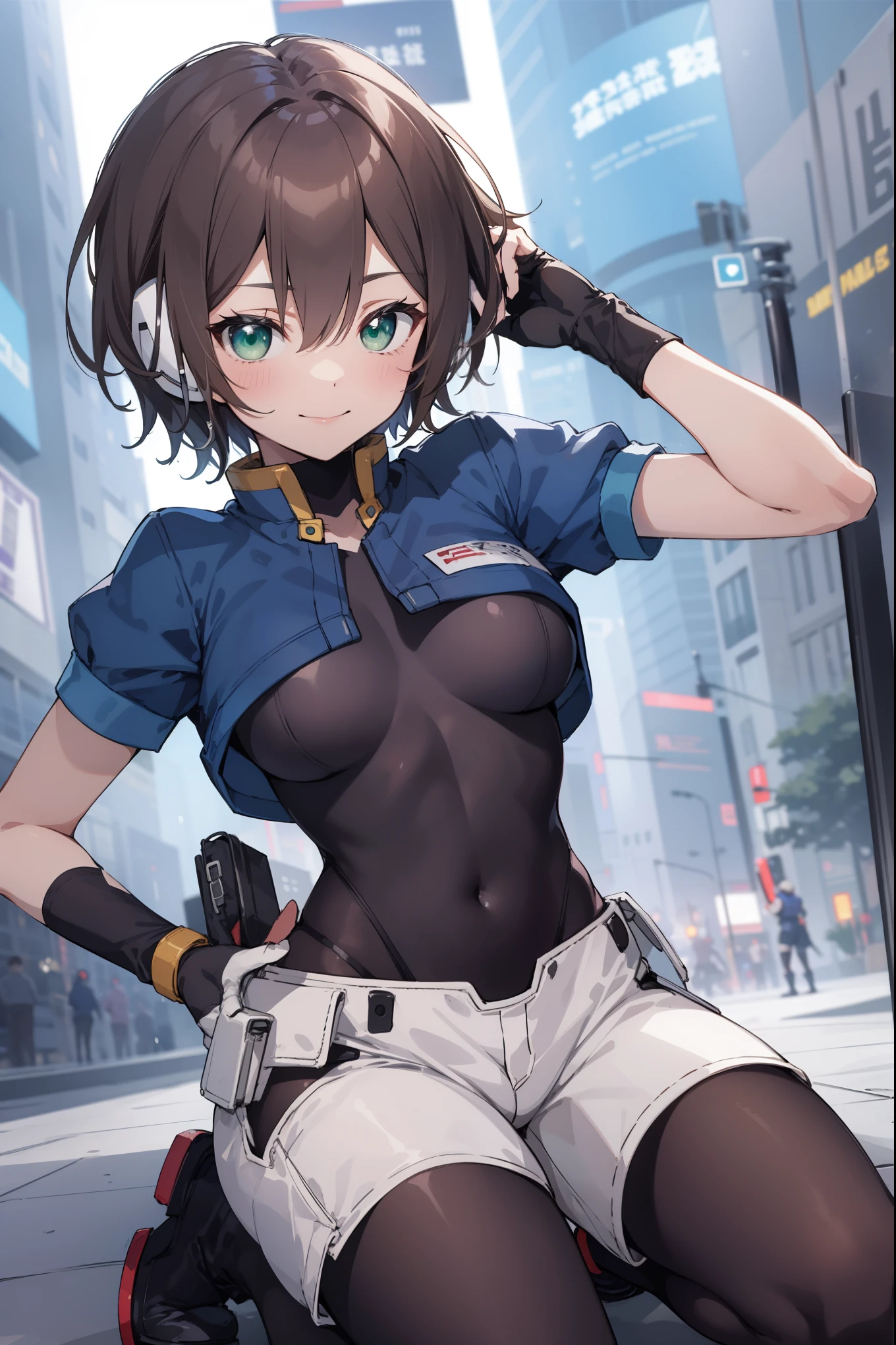 aile_megamanzx, kneeling with one hand on the ground and the other arm raised, 1girl, solo, short hair, brown hair, short sleeves, (bodysuit), robot ears, green eyes, very_short_shorts, short sleeves, short over long sleeves, smile, in futuristic city, , high quality, medium_breasts,crotch, slouch,groin