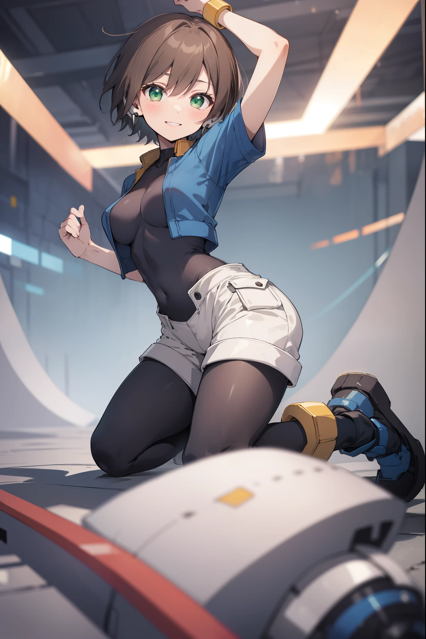 aile_megamanzx, kneeling with one hand on the ground and the other arm raised, 1girl, solo, short hair, brown hair, short sleeves, (bodysuit), robot ears, green eyes, very_short_shorts, short sleeves, short over long sleeves, smile, in futuristic city, , high quality, medium_breasts,crotch, slouch,groin