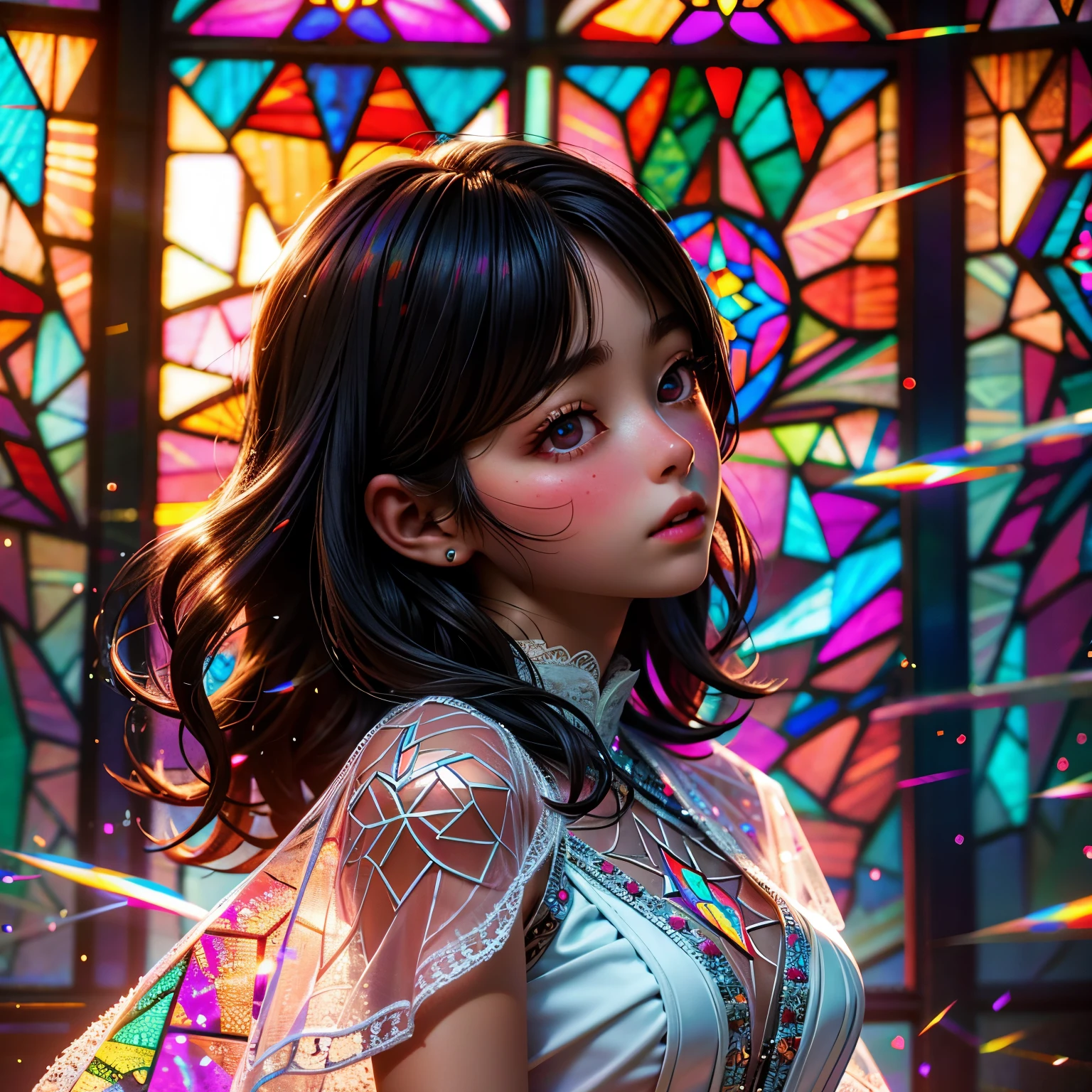 SFW, concept art, Tiny junior idol, (Detailed Delicate lace knitted white clothes), (nipple:-0.9), face closeup, (Elaborate stained glass Background:1.37), (((Renbutsu Misako), colorful Light shines through delicate stained glass:1.2, vivid red colors, Luminous Particles, light Particles))(Acutance:0.8). (ProfessionalPhoto:1.2),(ultra-detailed:1.37), (Extremely detailed KAWAII face variations, innocent expression variations), rosy cheeks, intricate detailed eyes with sparkling highlights, long eyelashes with volume, subtle blush on the face. Mystic sight, haze, Impeccable Radiant PearlSkin with Transparency, captivating gaze, ((Dynamic-angle)), whole Body proportions and all limbs are anatomically accurate . (Exposed:0.44)