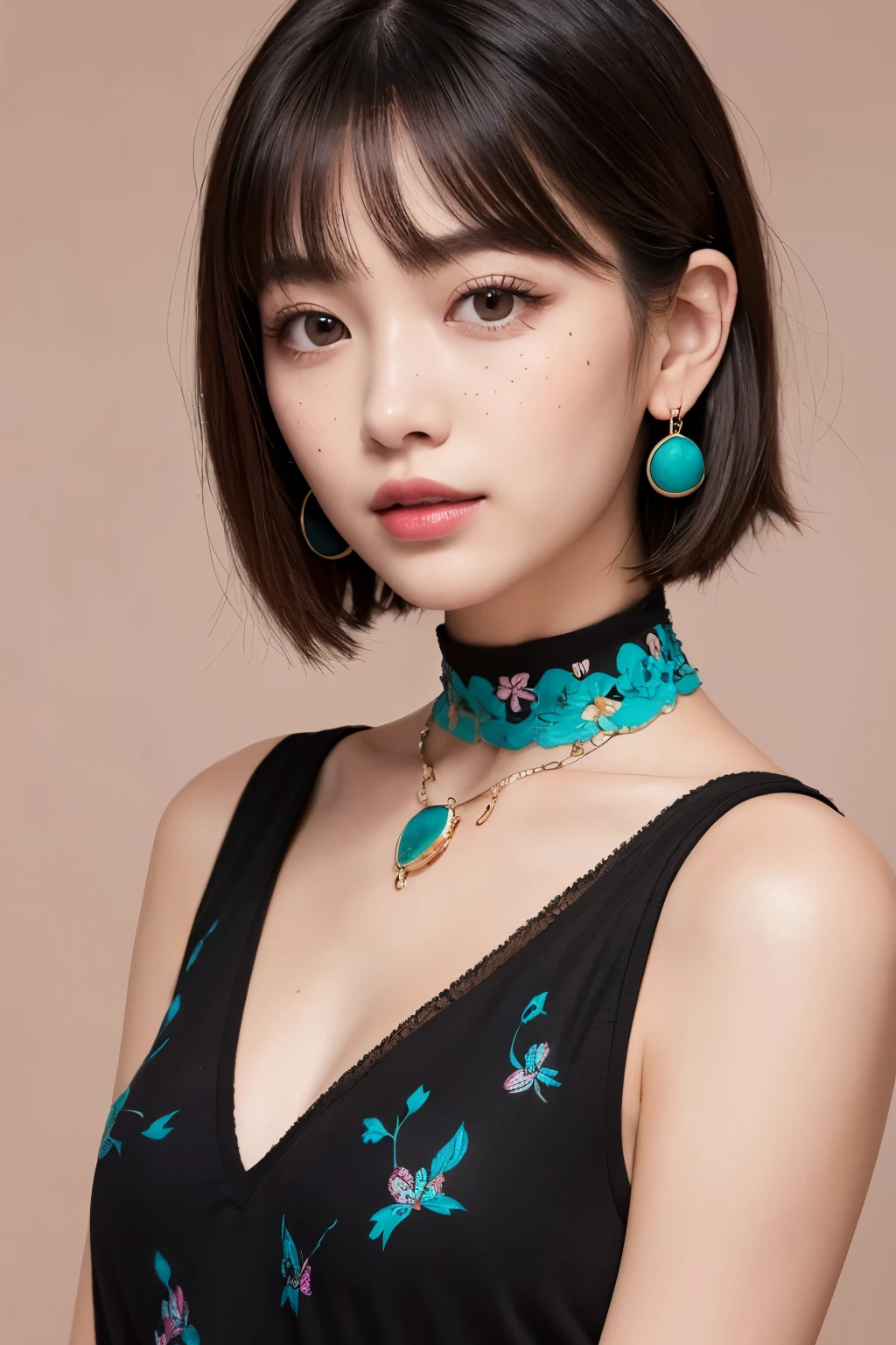 Portrait of a young woman with short black bob hair。Her straight cut bangs lightly fall over her eyebrows.、Her long eyelashes are impressive, and her deep eyes are very attractive.。Her lips are plump and naturally pink.、Neutral makeup brings out her delicate features。Her skin is brighter、I have some natural freckles。
She is a vibrant turquoise、red、yellow、She is wearing a sleeveless deep V-neck blouse made of black floral fabric.。The neckline is embellished with magenta flowers for a bold accent.。Around her neck she wears a choker with a circular pendant.、She accessorizes with small hoop earrings.。
Background is blue、Teal、Richly decorated with floral patterns in harmonious shades of red.、It matches her outfit。This setting is、Fine details and a warm, inviting color palette exude vintage elegance.。