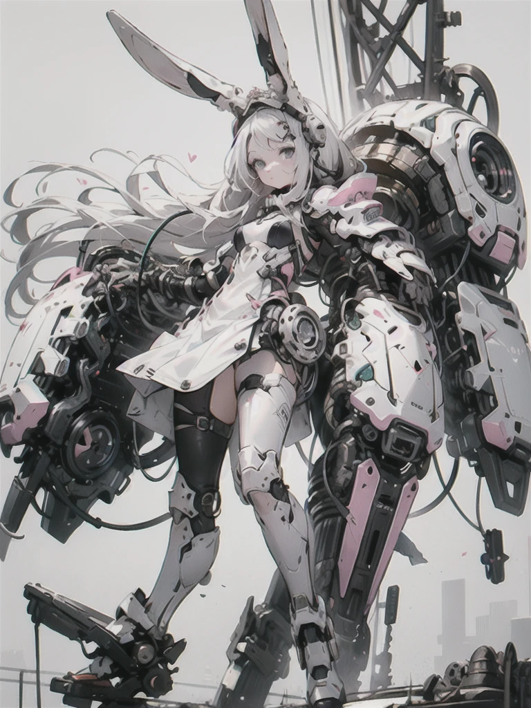 Rabbit ear,  Mechanic, mechanical body,, ultra detailed, masterpiece, best quality, aesthetic, detailed,, serious, 1girl, (white eyes:1.1), (grey eyes:1.3), white hair, very long hair, parted hair, parted bangs, medium breasts,, valkyrie, (bodysuit:1.1), pink wing hair ornament, grey armored skirt, black bodysuit, armor, gauntlets, pink breastplate, greaves, armored dress, pink hues,