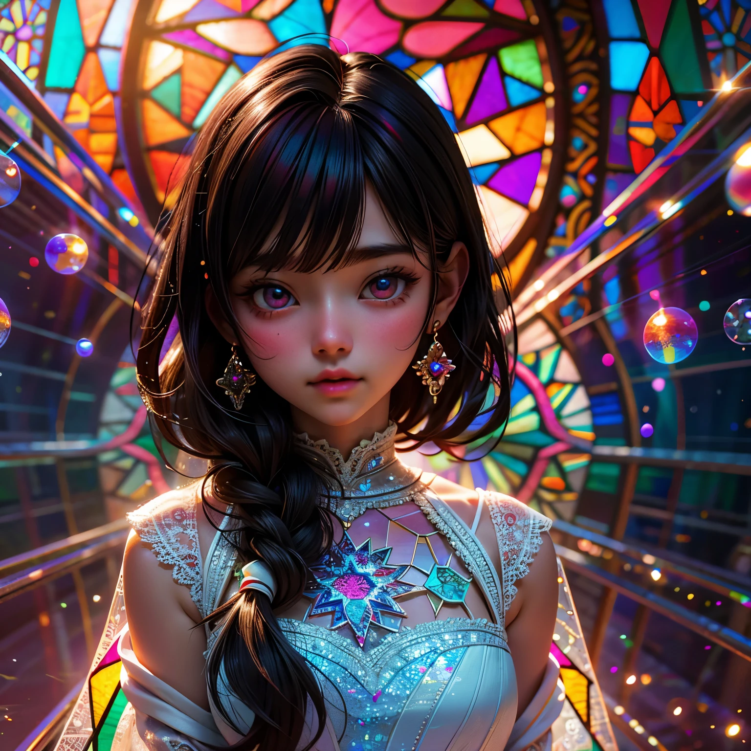 SFW, concept art, Tiny junior idol, (Detailed Delicate lace knitted white clothes), (nipple:-0.9), face closeup, (Elaborate stained glass Background:1.37), (((Renbutsu Misako), colorful Light shines through delicate stained glass:1.2, vivid red colors, Luminous Particles, light Particles))(Acutance:0.8). (ProfessionalPhoto:1.2),(ultra-detailed:1.37), (Extremely detailed KAWAII face variations, innocent expression variations), rosy cheeks, intricate detailed eyes with sparkling highlights, long eyelashes with volume, subtle blush on the face. Mystic sight, haze, Impeccable Radiant PearlSkin with Transparency, captivating gaze, ((Dynamic-angle)), whole Body proportions and all limbs are anatomically accurate . (Exposed:0.44)