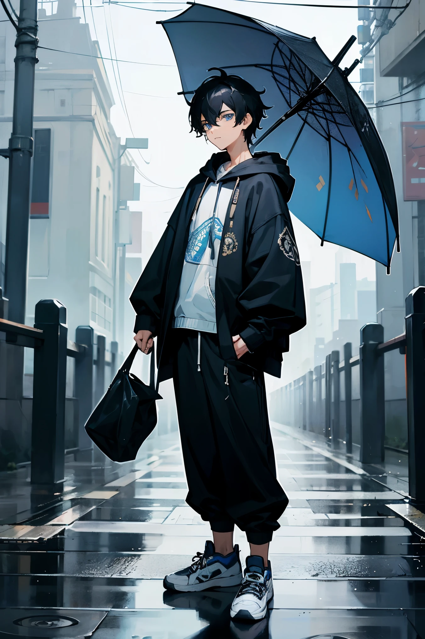 1male, black hair, blue eyes, oversized hoodie with intricate embroidery, baggy pants, sneakers, standing on a rainy city street, holding an umbrella, evening