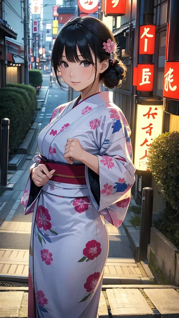 (masterpiece, Highest quality:1.1), (Popart Style),Flat Color,One Woman、yukata,Japan,Osaka、Tsutenkaku Tower、 Beautiful and detailed scenery, Beautiful lighting,very happy,Dynamic pose,Portrait Photography, sharp,An illustration：Don&#39;unreadable,