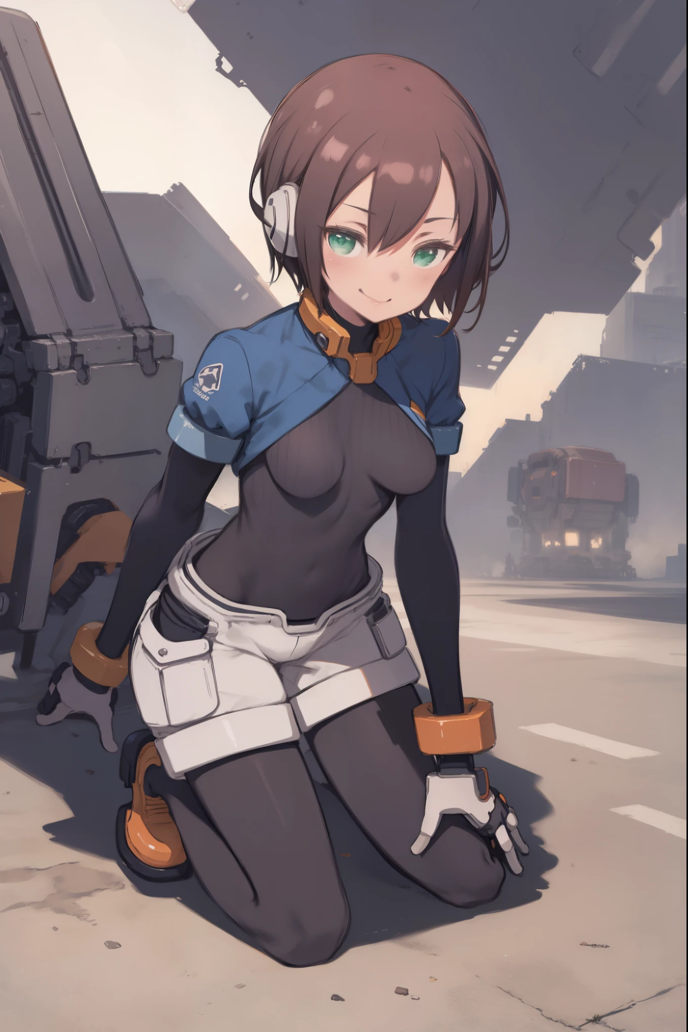 aile_megamanzx, kneeling with one hand on the ground and the other arm raised, 1girl, solo, short hair, brown hair, short sleeves, (bodysuit), robot ears, green eyes, very_short_shorts, short sleeves, short over long sleeves, smile, in futuristic city, , high quality, medium_breasts,crotch, slouch,groin,solo